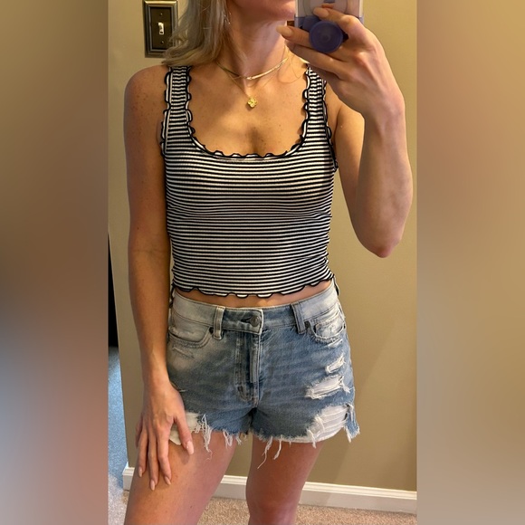 Forever 21 Black & White Stripe Lettuce Trim Tank Top - Picture 2 of 6